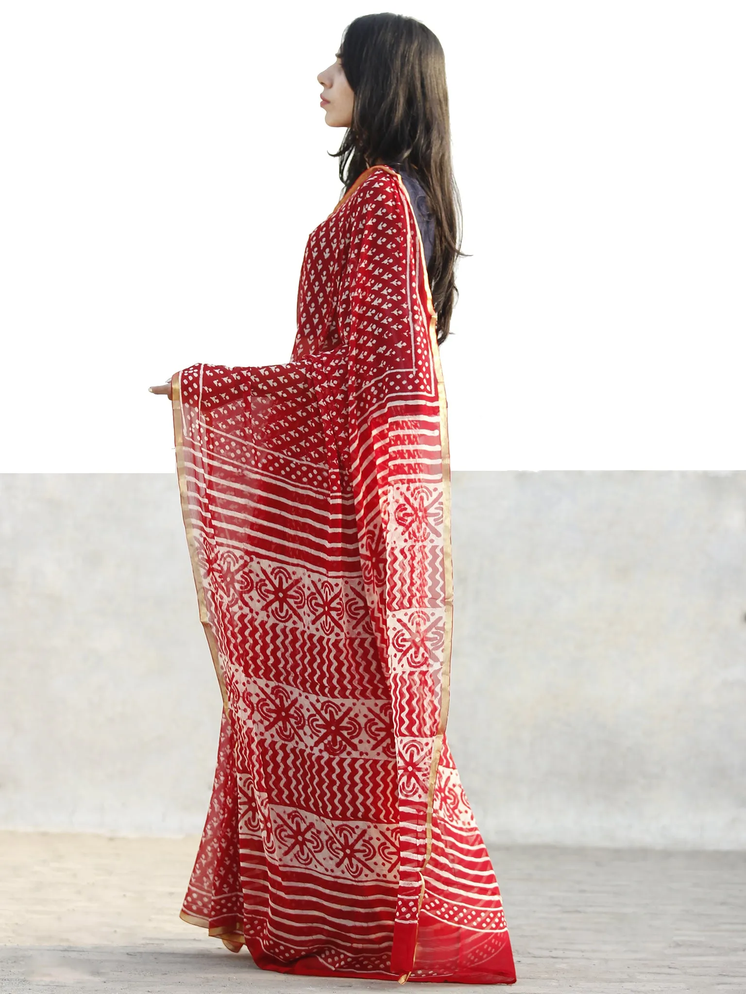 Red and White  Hand Block Printed Chiffon Saree with Zari border- S031702712