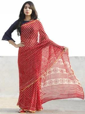 Red and White  Hand Block Printed Chiffon Saree with Zari border- S031702712