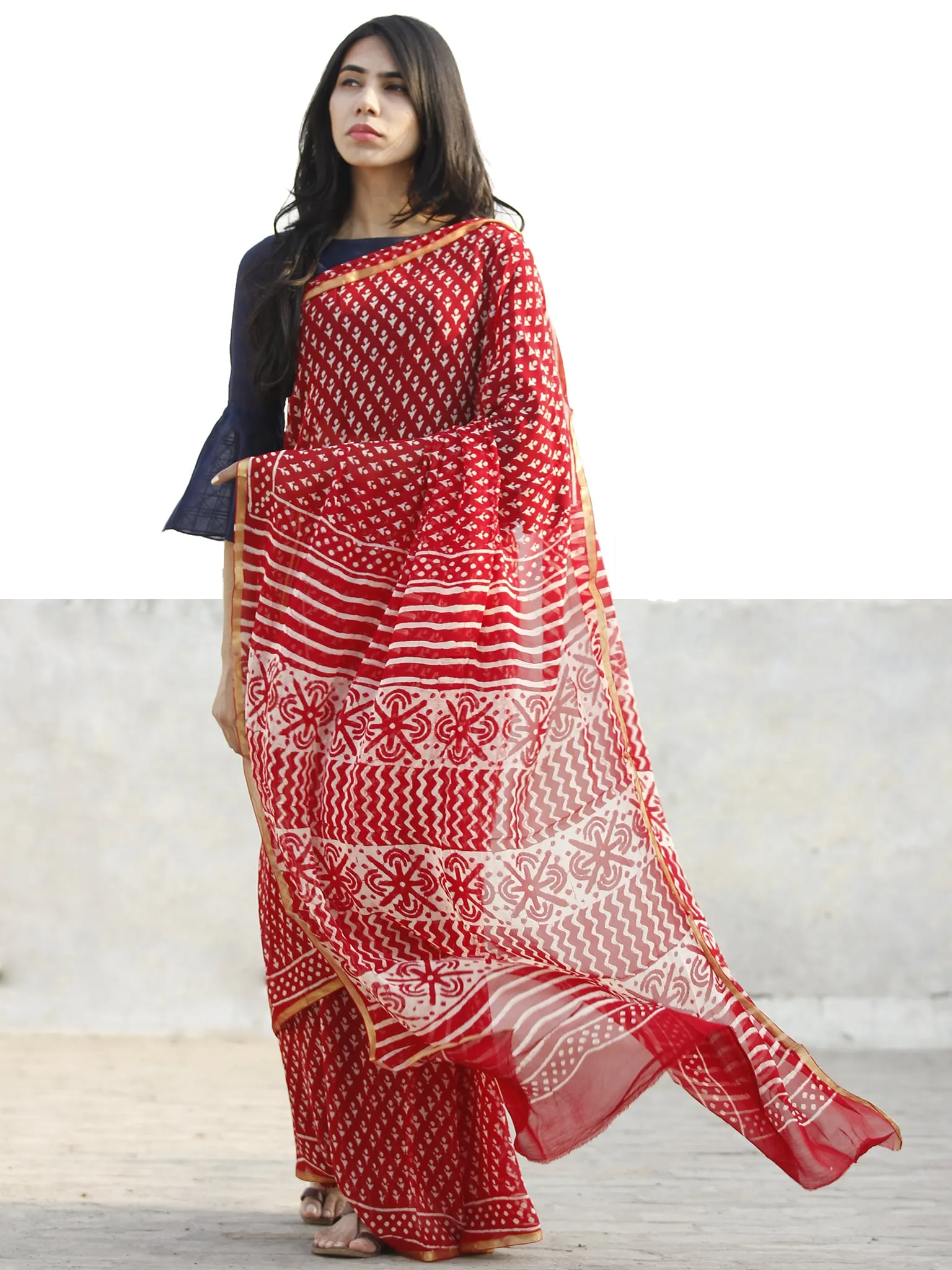 Red and White  Hand Block Printed Chiffon Saree with Zari border- S031702712