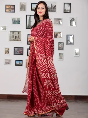 Red Ivory Hand Block Printed Chiffon Saree with Zari Border - S031702739