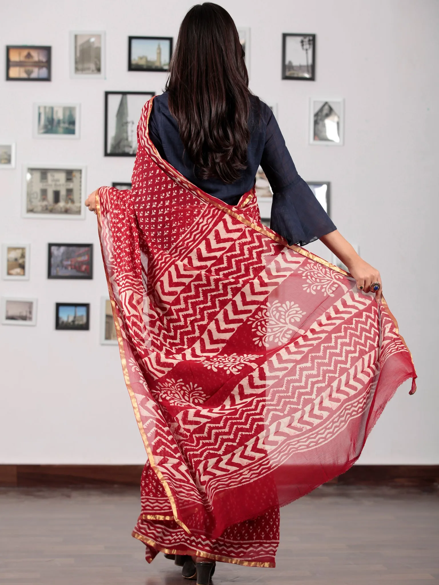 Red Ivory Hand Block Printed Chiffon Saree with Zari Border - S031702739