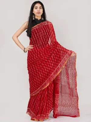 Red OffWhite Hand Block Printed Chiffon Saree With Zari Border - S031704697