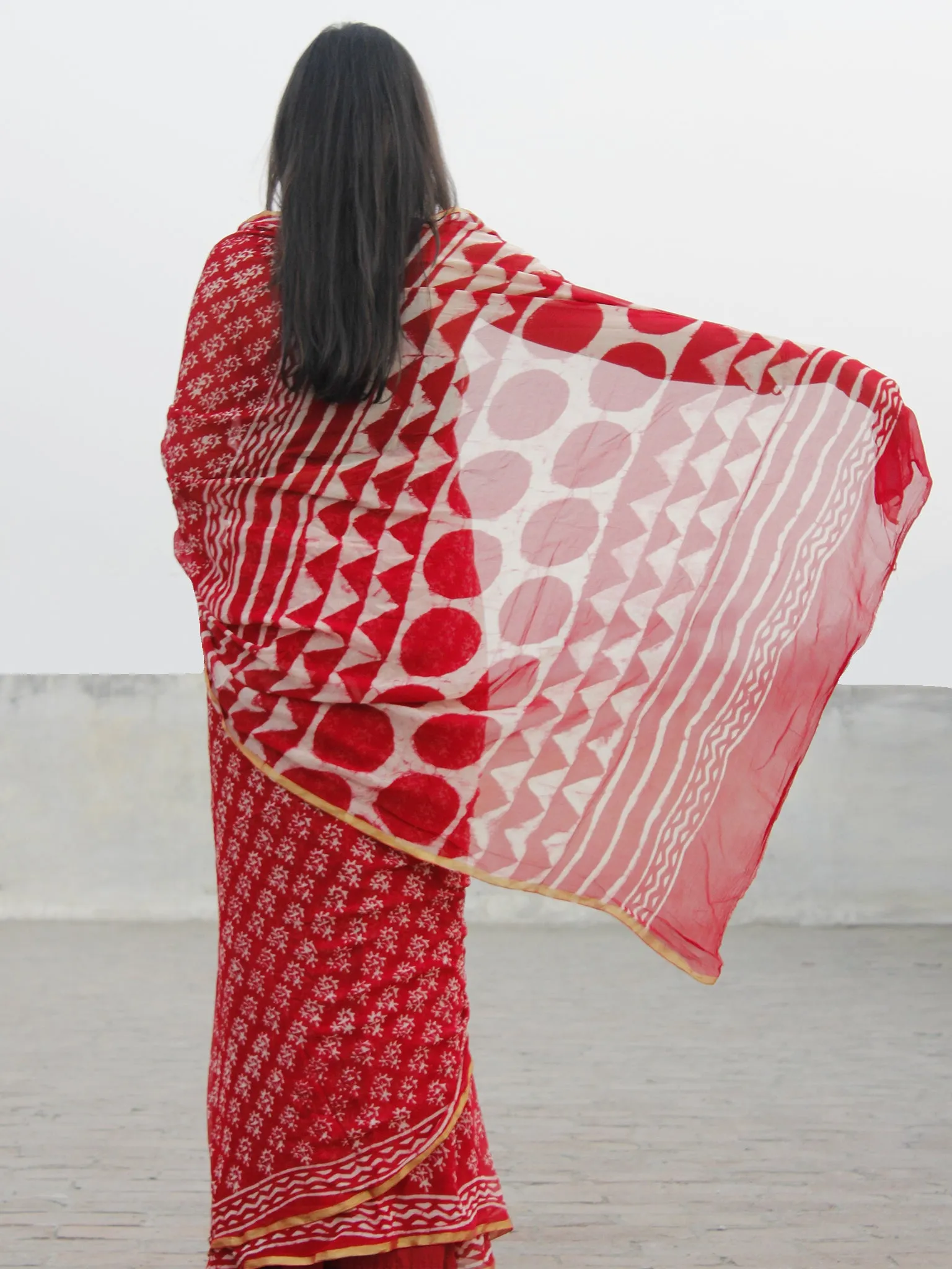 Red White Hand Block Printed Chiffon Saree With Zari Border - S031702582