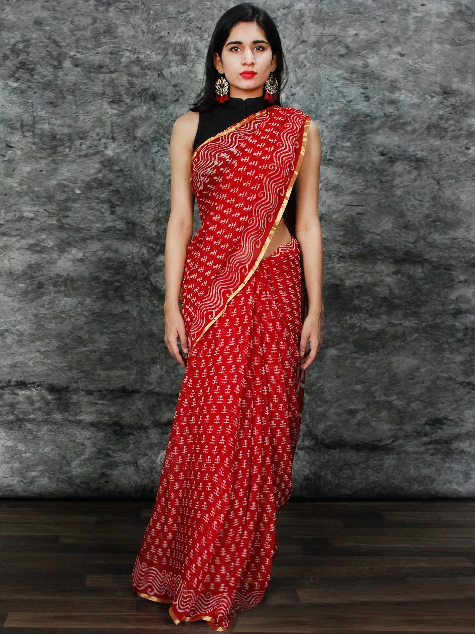 Red White Hand Block Printed Chiffon Saree with Zari Border - S031703130