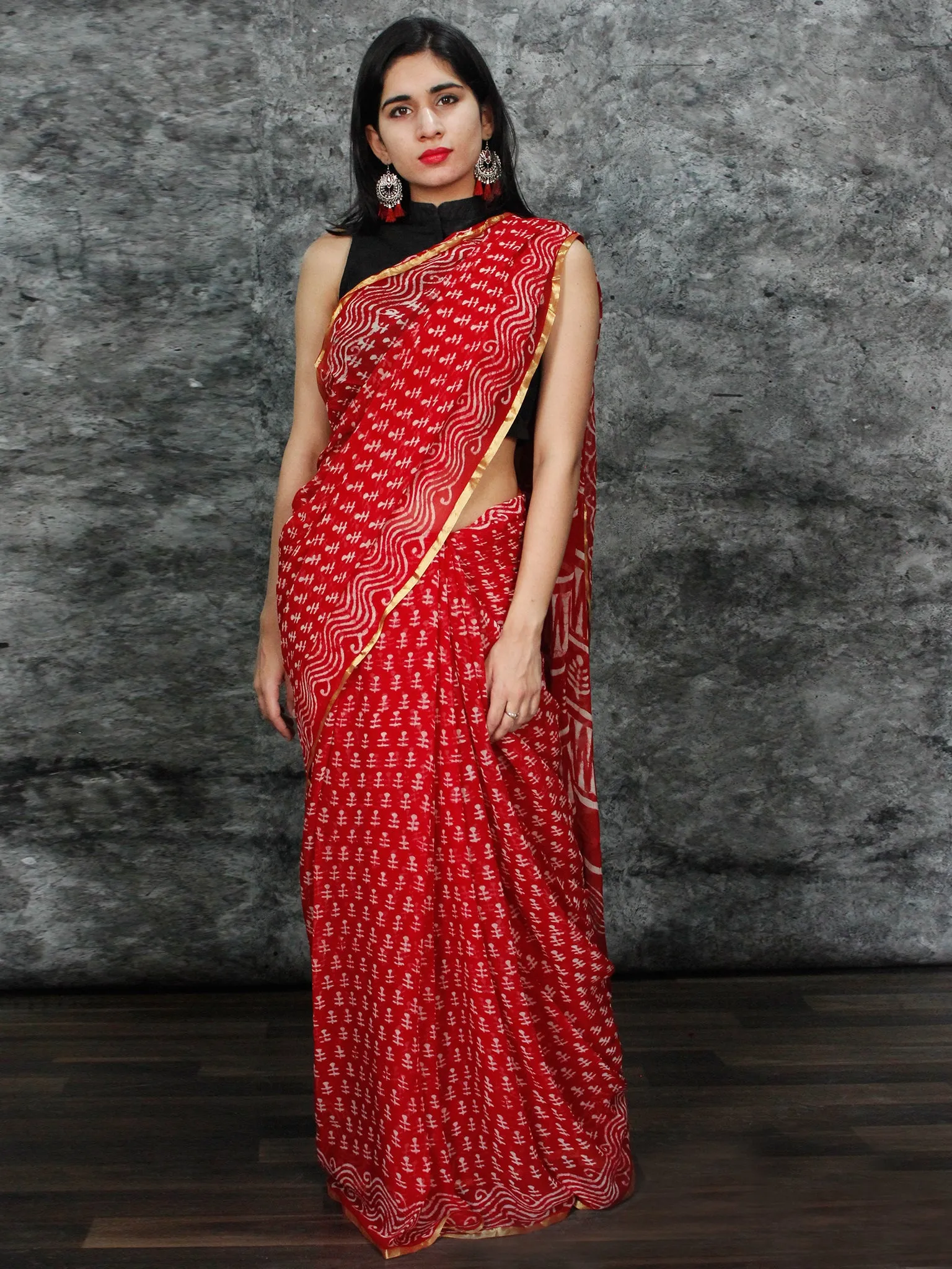 Red White Hand Block Printed Chiffon Saree with Zari Border - S031703130