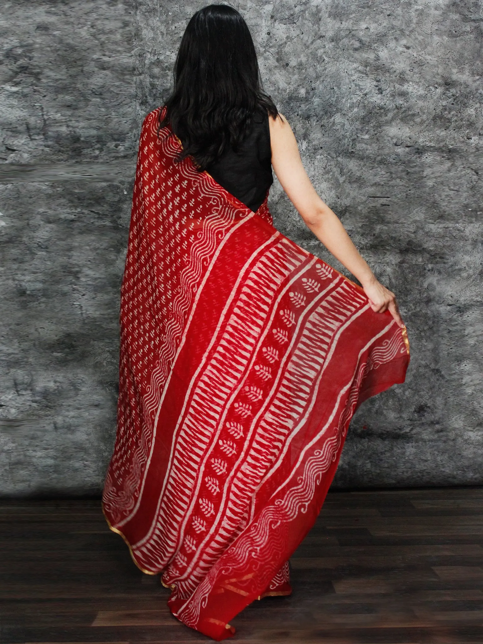 Red White Hand Block Printed Chiffon Saree with Zari Border - S031703130