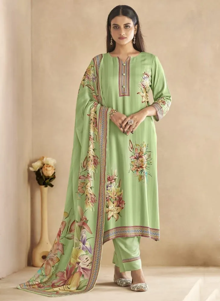 Rivaa Printed Green Unstitched Cotton Suit Dress Material for Women