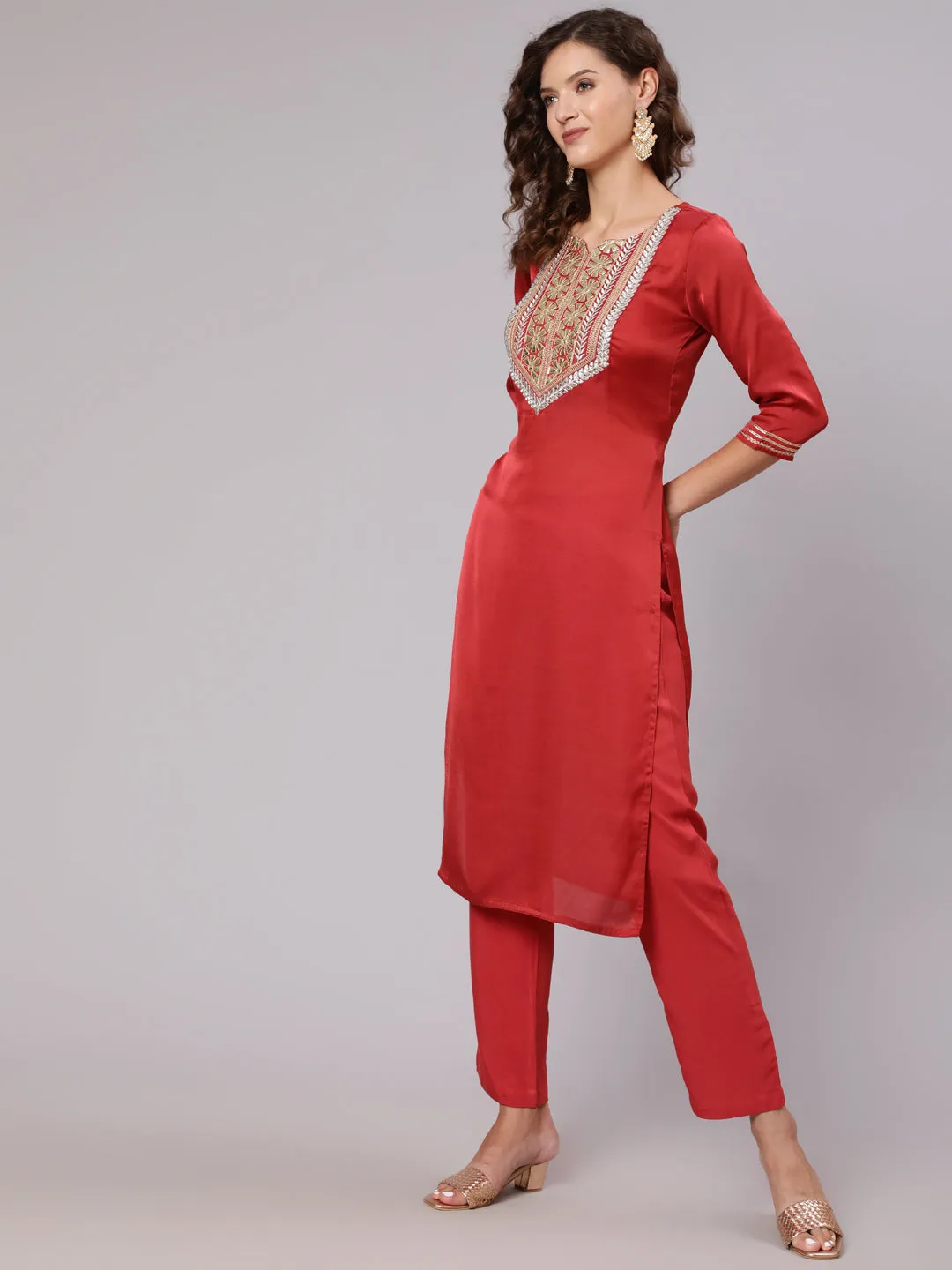 Rust Gota Pati Kurta With Pants And Dupatta