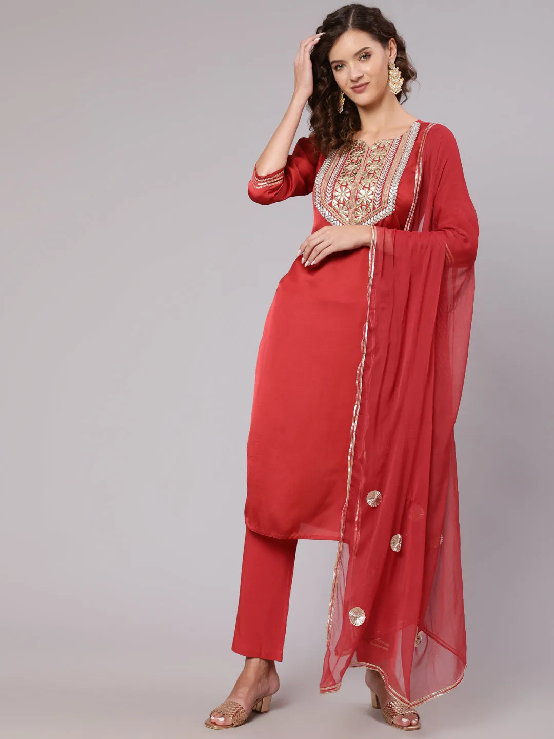 Rust Gota Pati Kurta With Pants And Dupatta