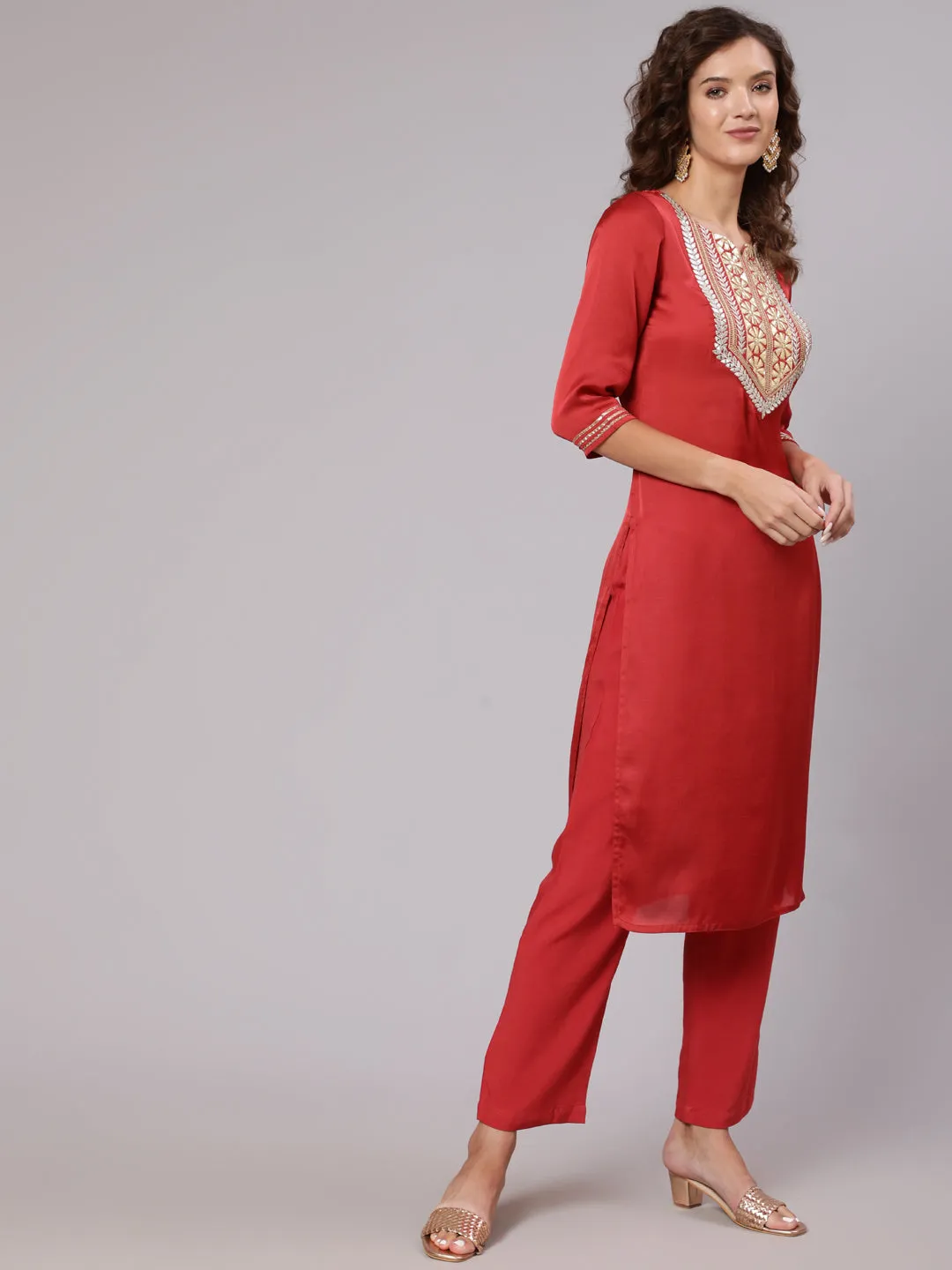 Rust Gota Pati Kurta With Pants And Dupatta