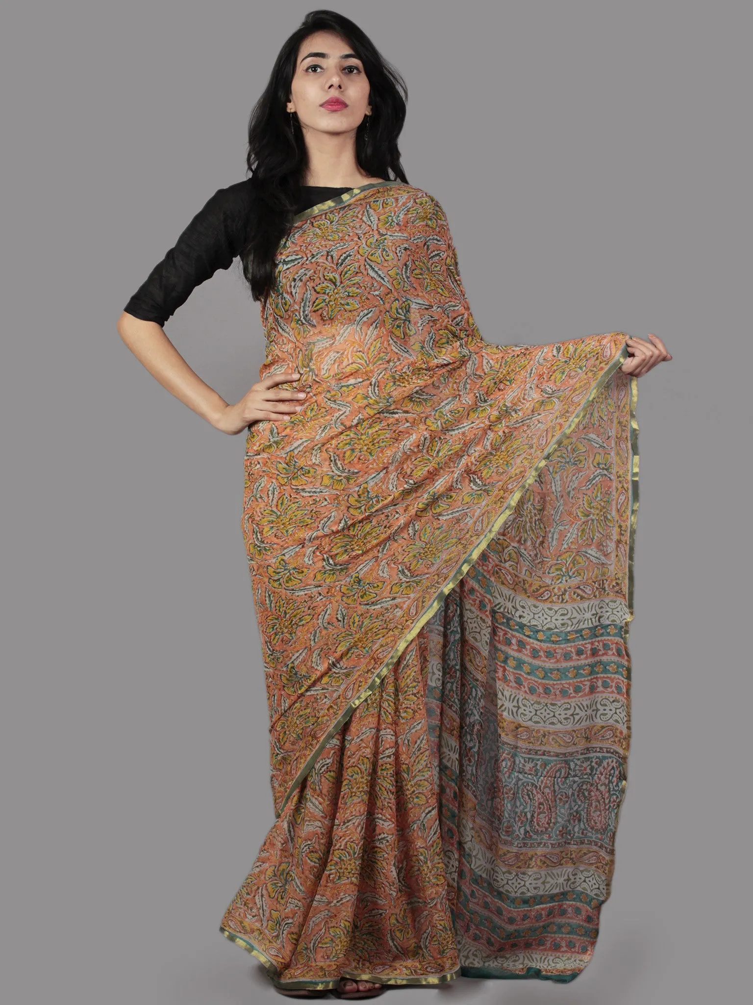 Rust Yellow Teal Green Beige Hand Block Printed Chiffon Saree - S031701673