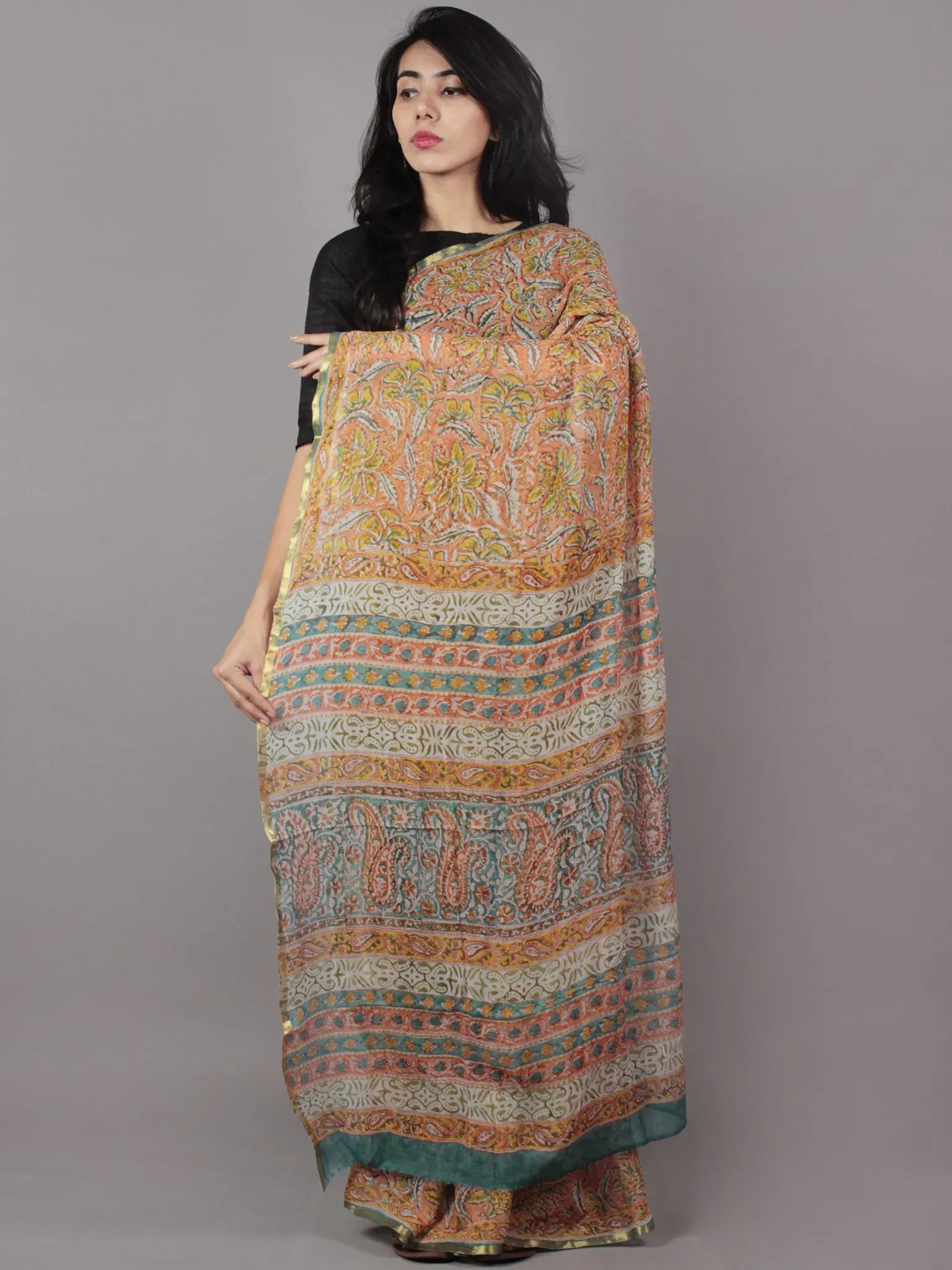 Rust Yellow Teal Green Beige Hand Block Printed Chiffon Saree - S031701673