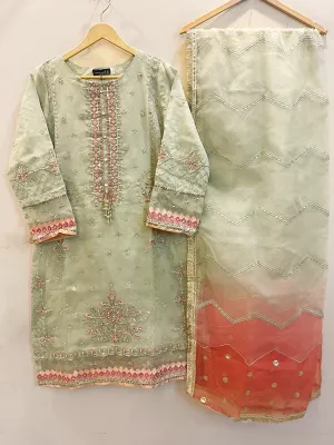 Sadabahar Embroidered Light Green Organza Suit