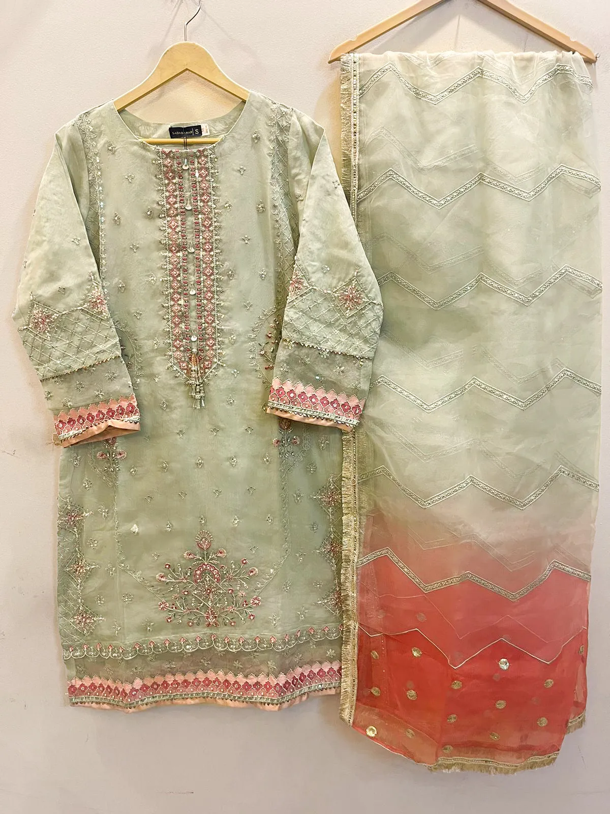 Sadabahar Embroidered Light Green Organza Suit