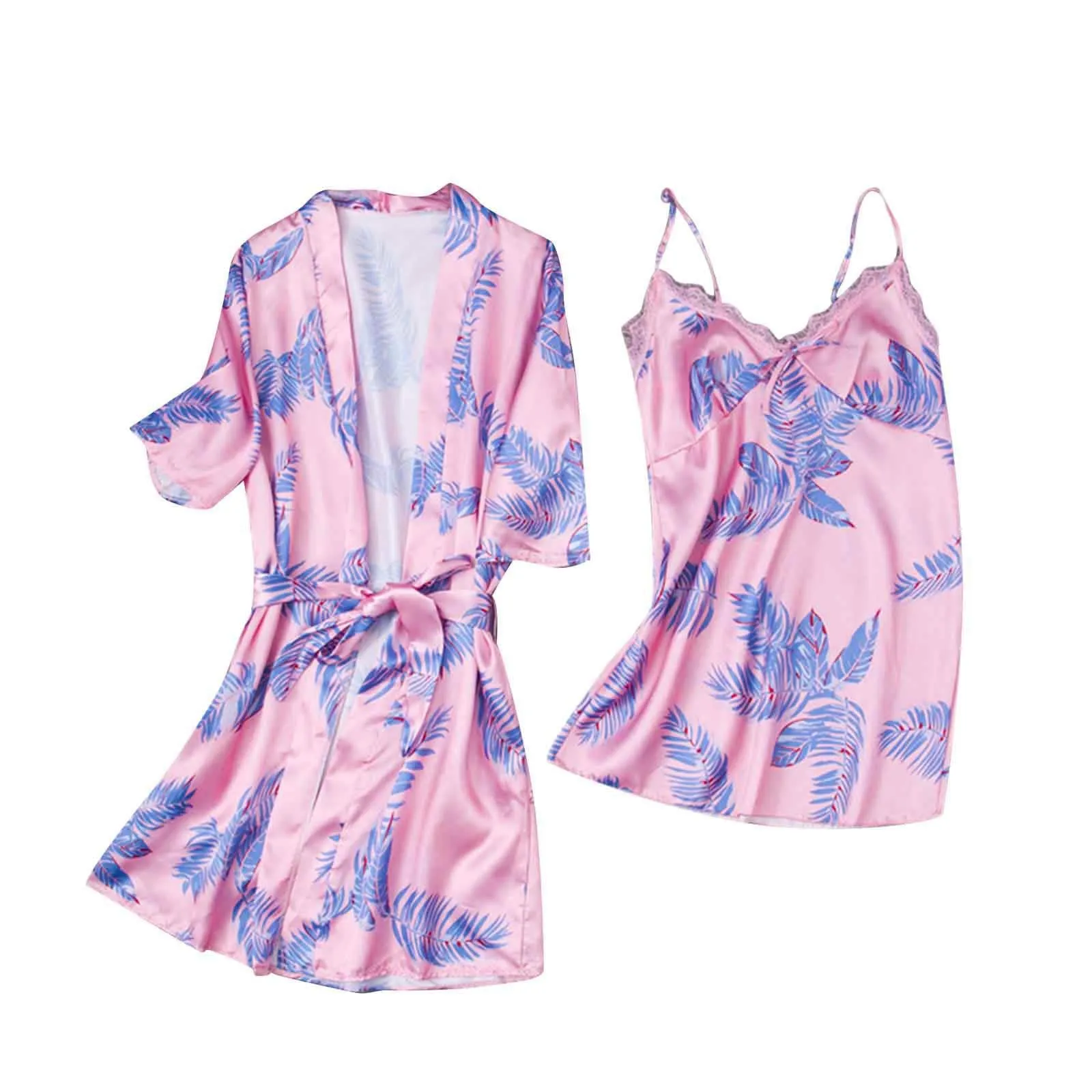 Sajiero Hawaiian Print Silk 2pcs Nightgown set