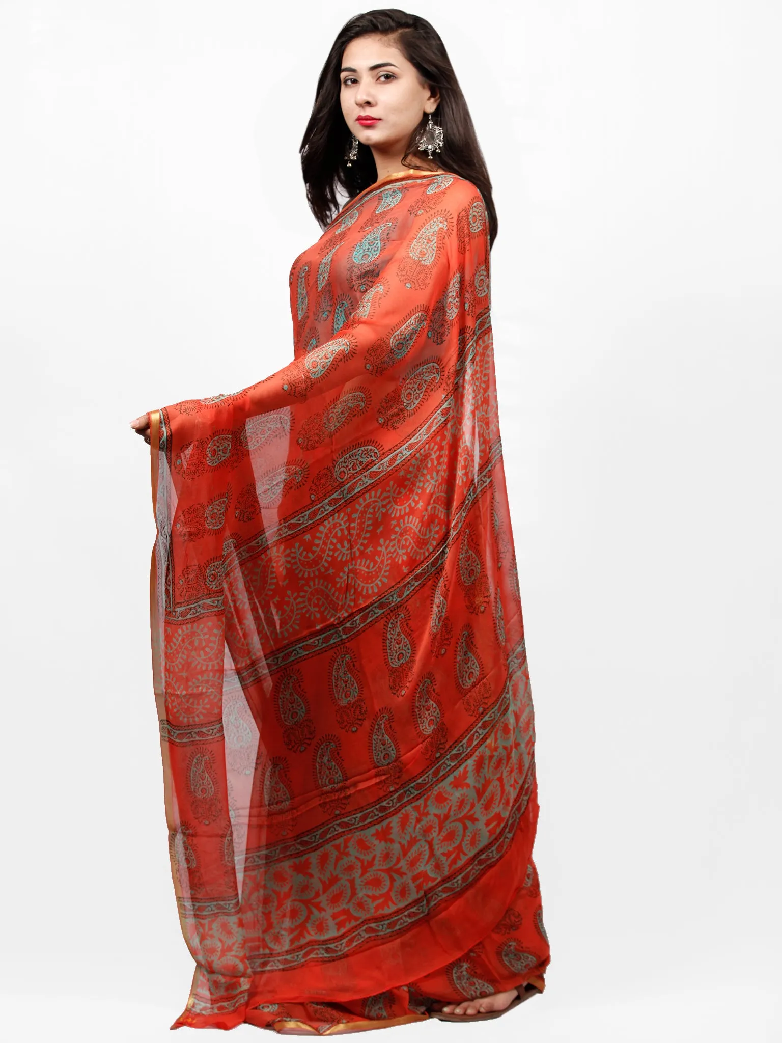 Scarlet Green Hand Block Printed Chiffon Saree with Zari Border - S031703282