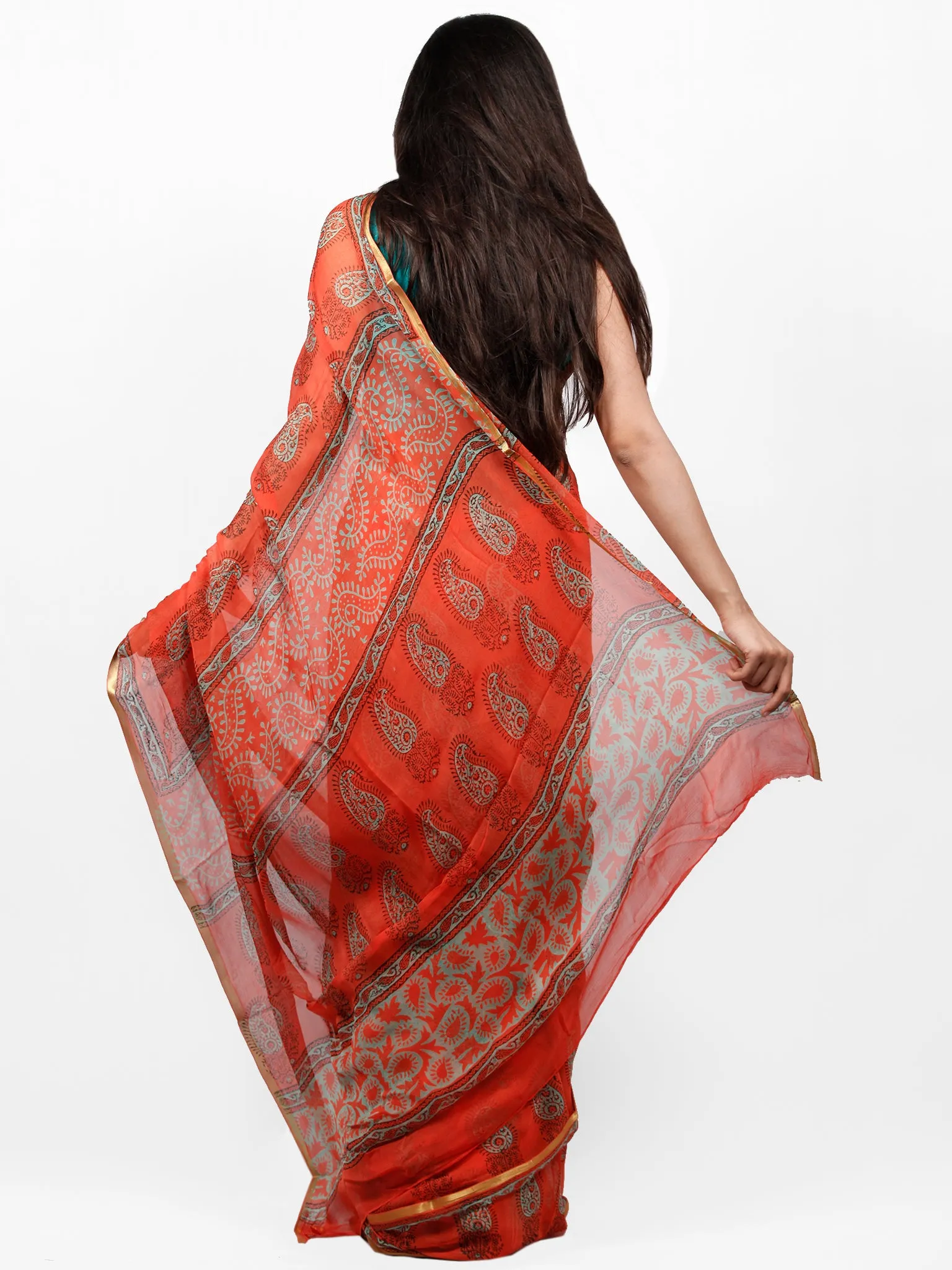 Scarlet Green Hand Block Printed Chiffon Saree with Zari Border - S031703282