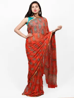 Scarlet Green Hand Block Printed Chiffon Saree with Zari Border - S031703282