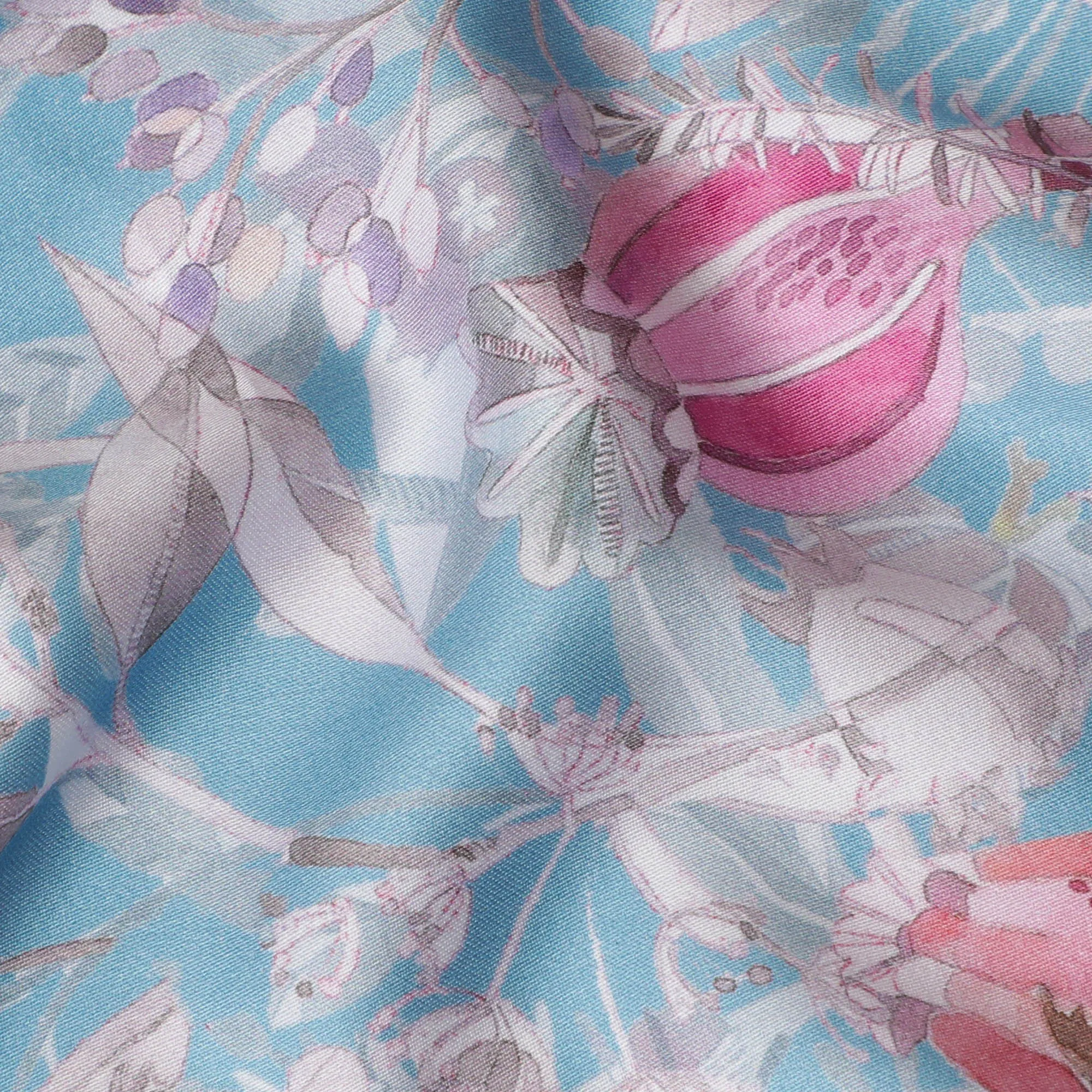 Sky Blue with Pink Floral Cotton Satin Fabric, 110 cm Width-20061