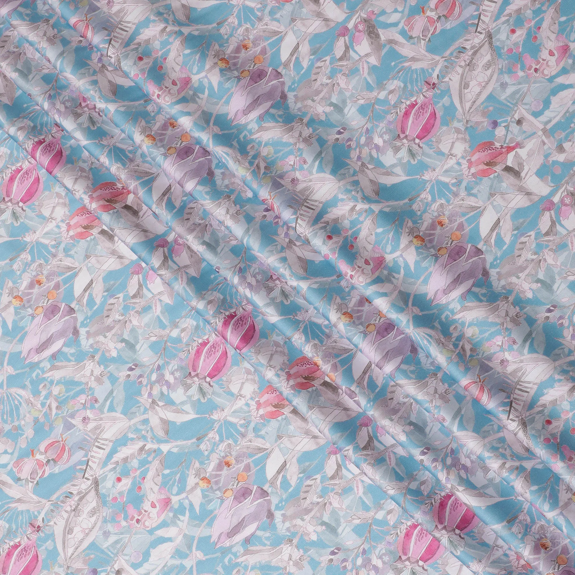 Sky Blue with Pink Floral Cotton Satin Fabric, 110 cm Width-20061