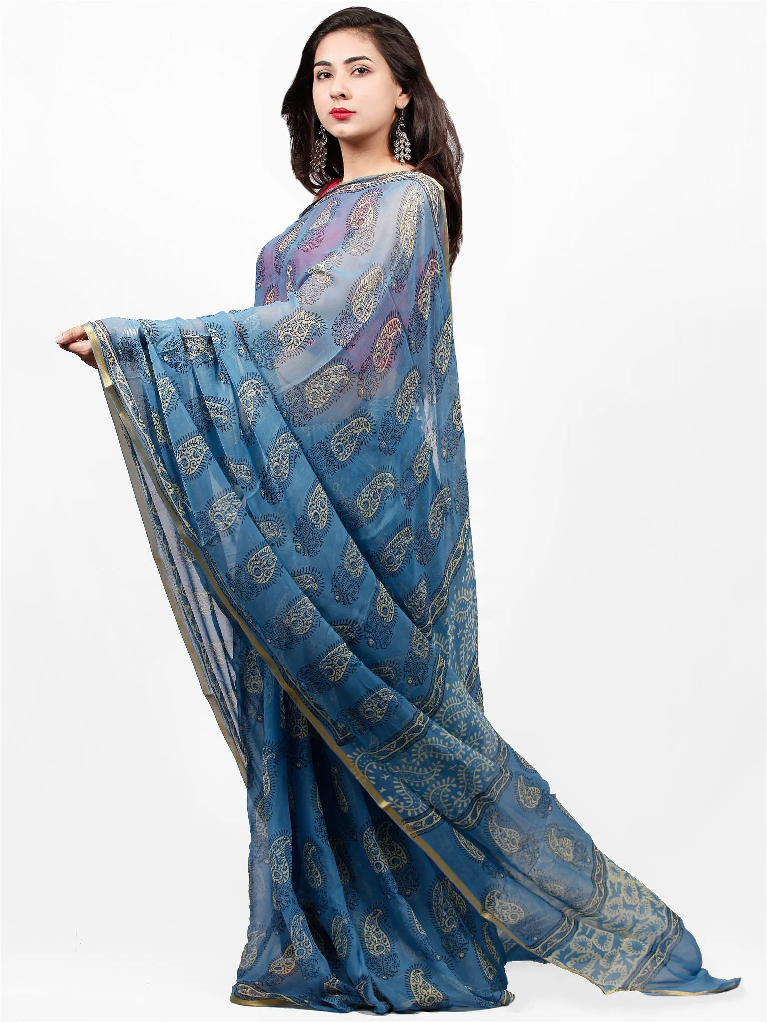 Sky Blue Yellow Hand Block Printed Chiffon Saree with Zari Border - S031703271