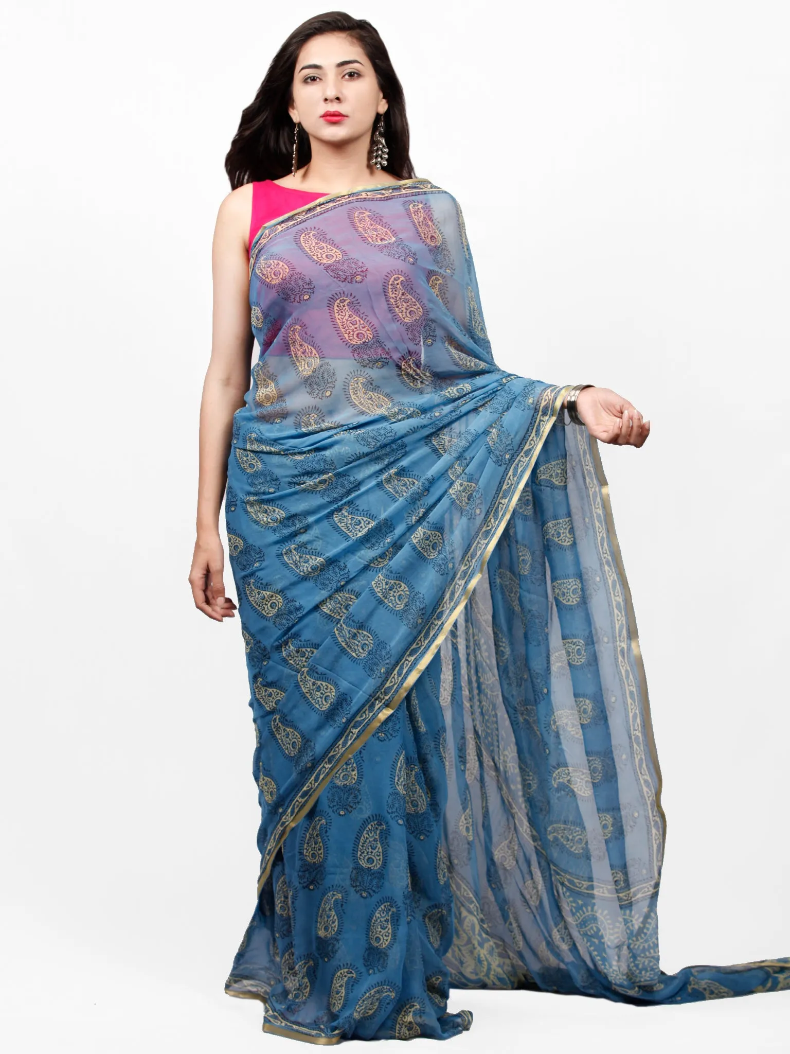 Sky Blue Yellow Hand Block Printed Chiffon Saree with Zari Border - S031703271