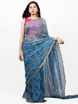 Sky Blue Yellow Hand Block Printed Chiffon Saree with Zari Border - S031703271