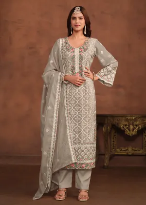 Slate Grey Soft Organza Embroidered Festive Salwar Suit