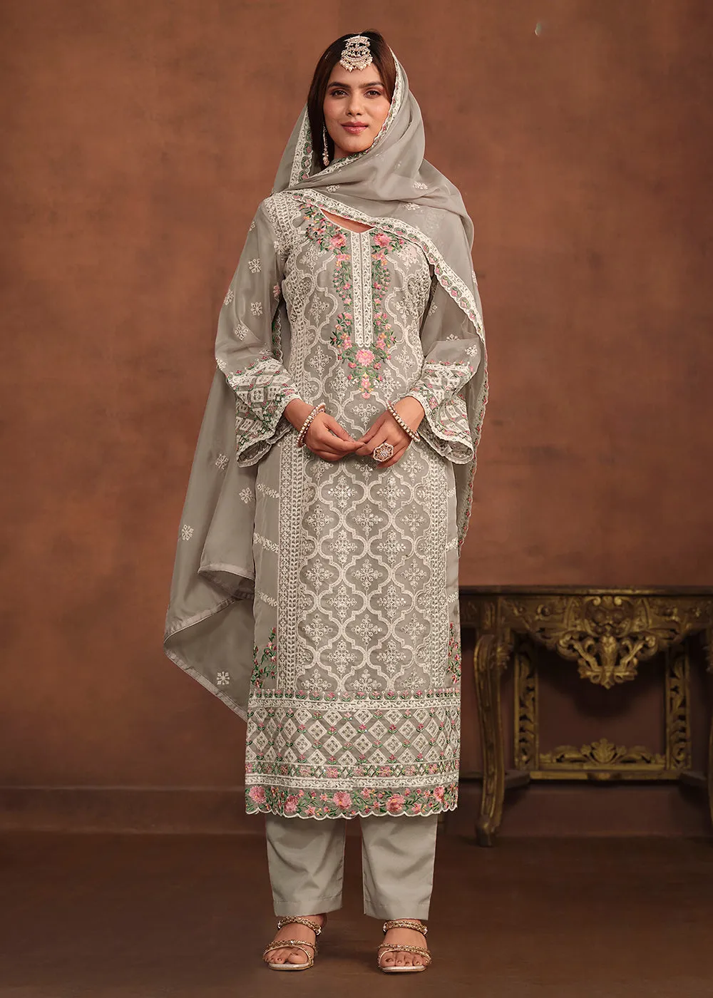 Slate Grey Soft Organza Embroidered Festive Salwar Suit