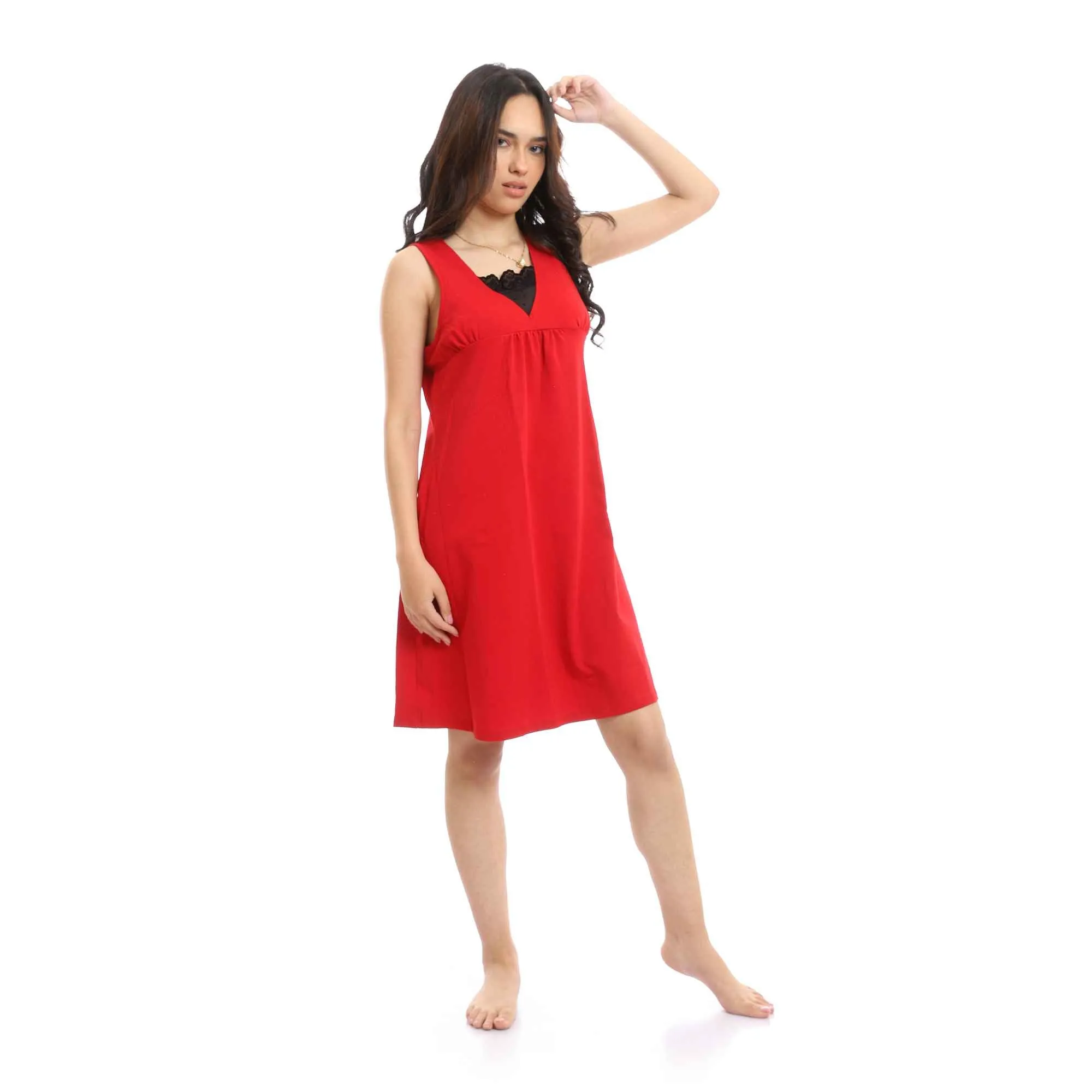 Sleeveless Short Nightgown With Lace Chest - Red