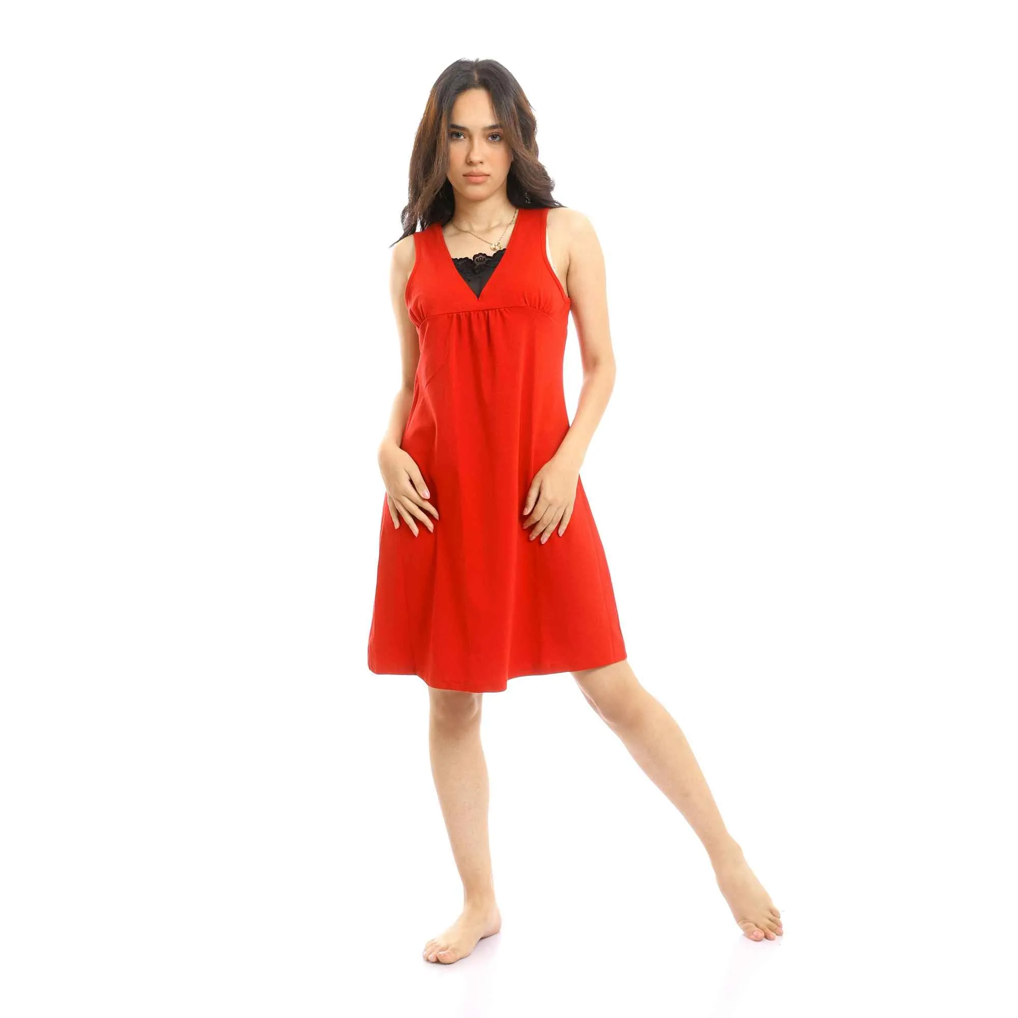 Sleeveless Short Nightgown With Lace Chest - Red