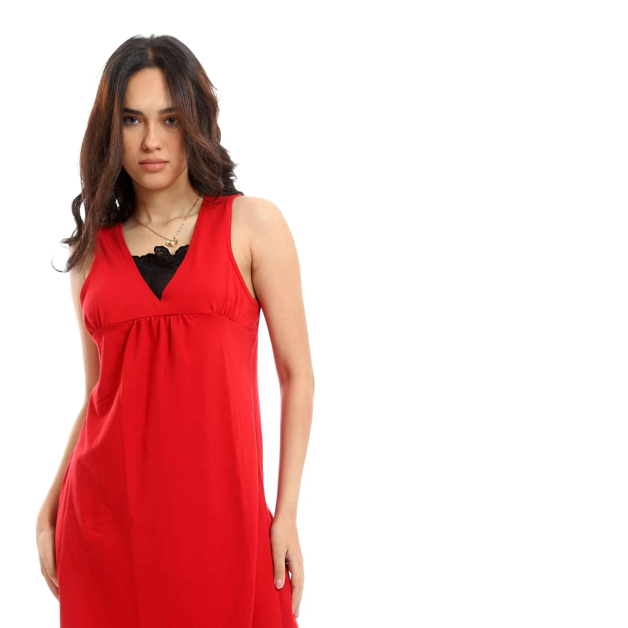 Sleeveless Short Nightgown With Lace Chest - Red