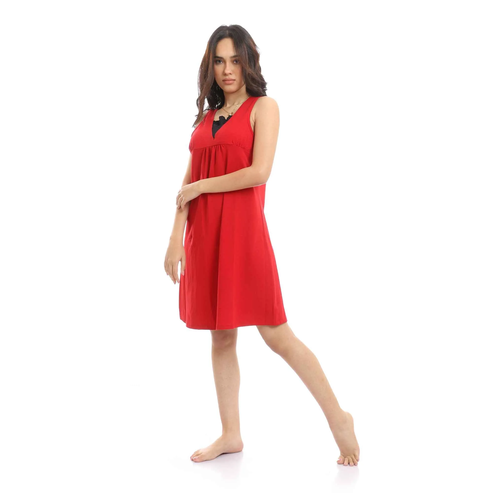 Sleeveless Short Nightgown With Lace Chest - Red