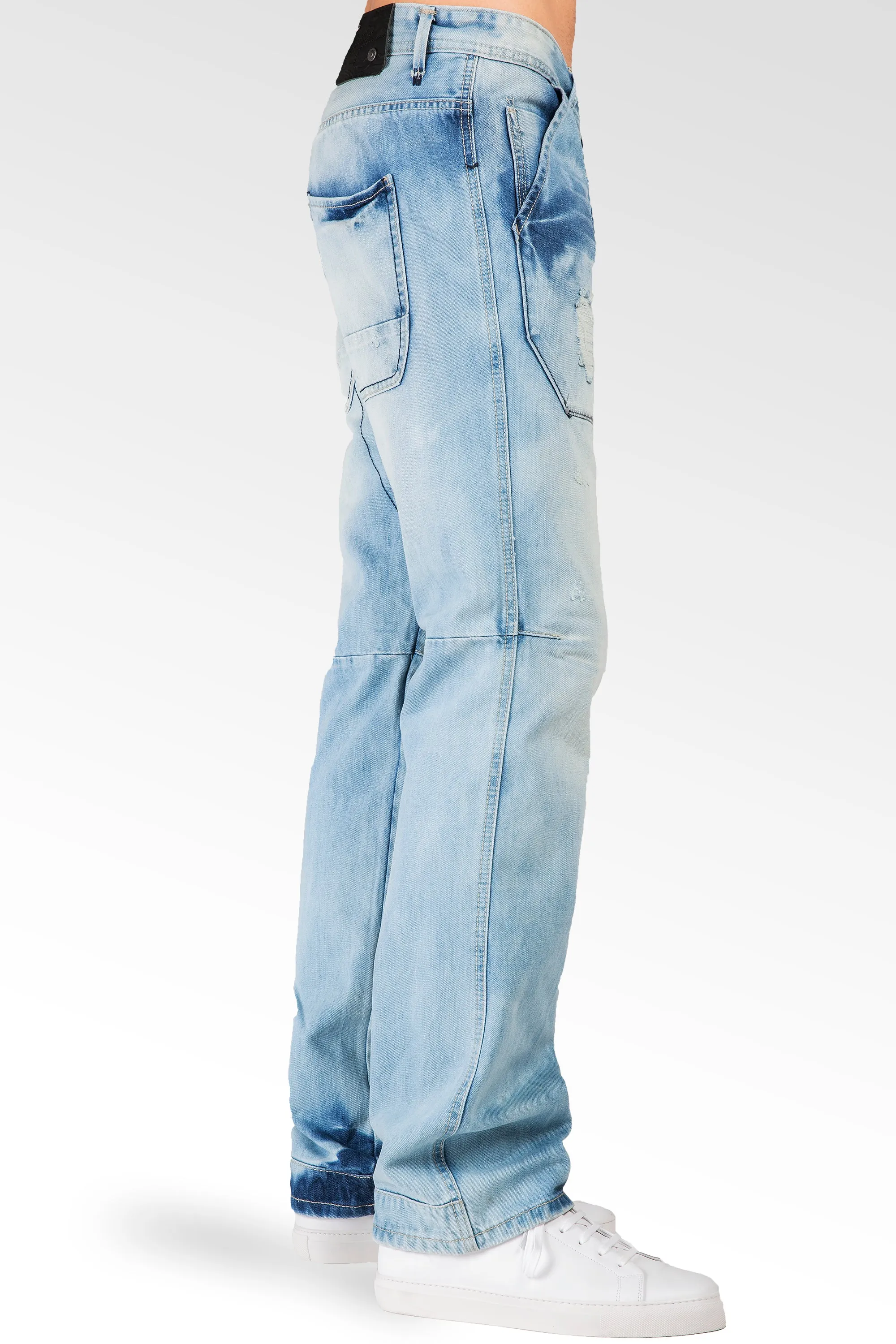 Slim Straight Blue Bleached Premium Denim 5 Pocket Jeans Destroyed & Repaired