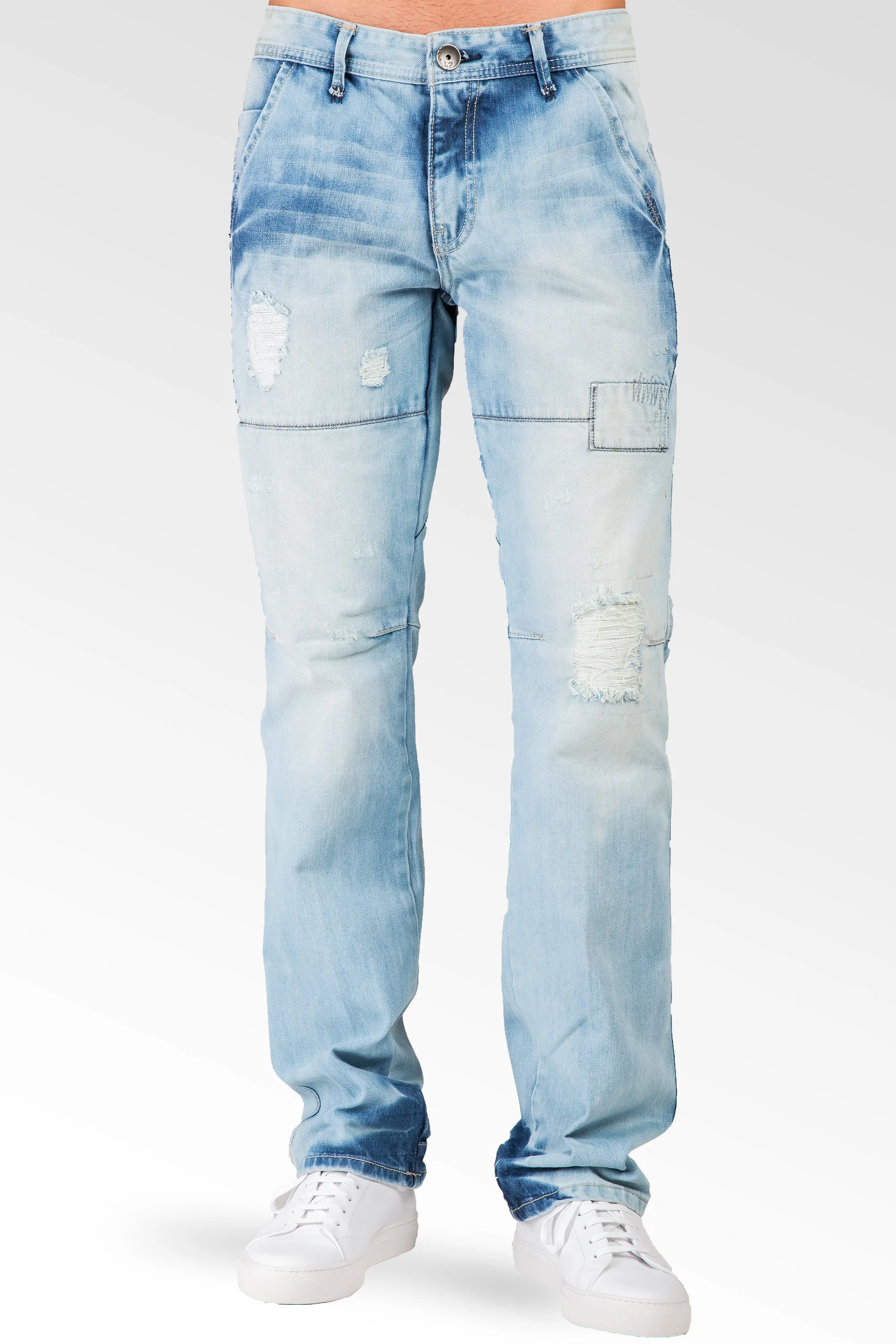 Slim Straight Blue Bleached Premium Denim 5 Pocket Jeans Destroyed & Repaired