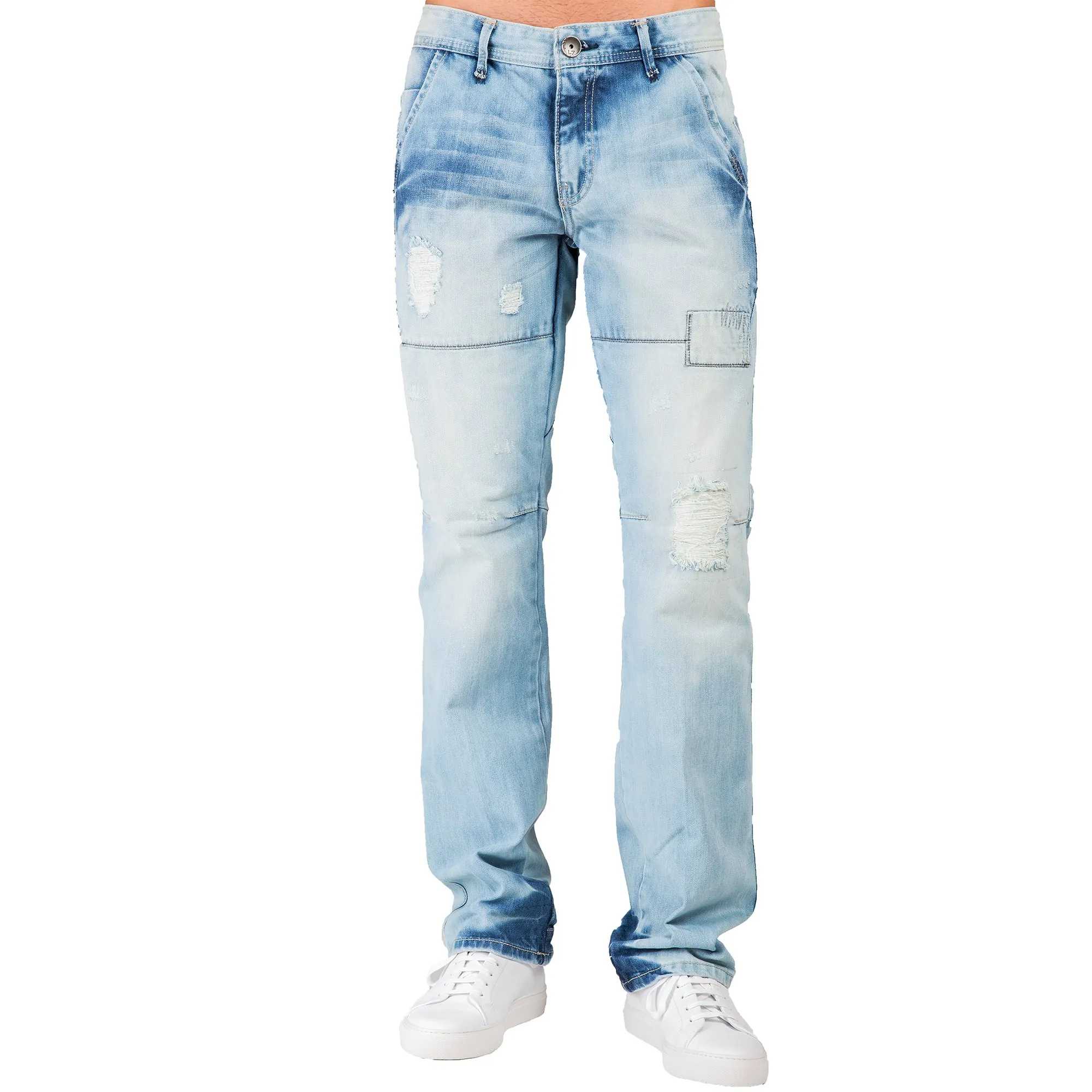 Slim Straight Blue Bleached Premium Denim 5 Pocket Jeans Destroyed & Repaired