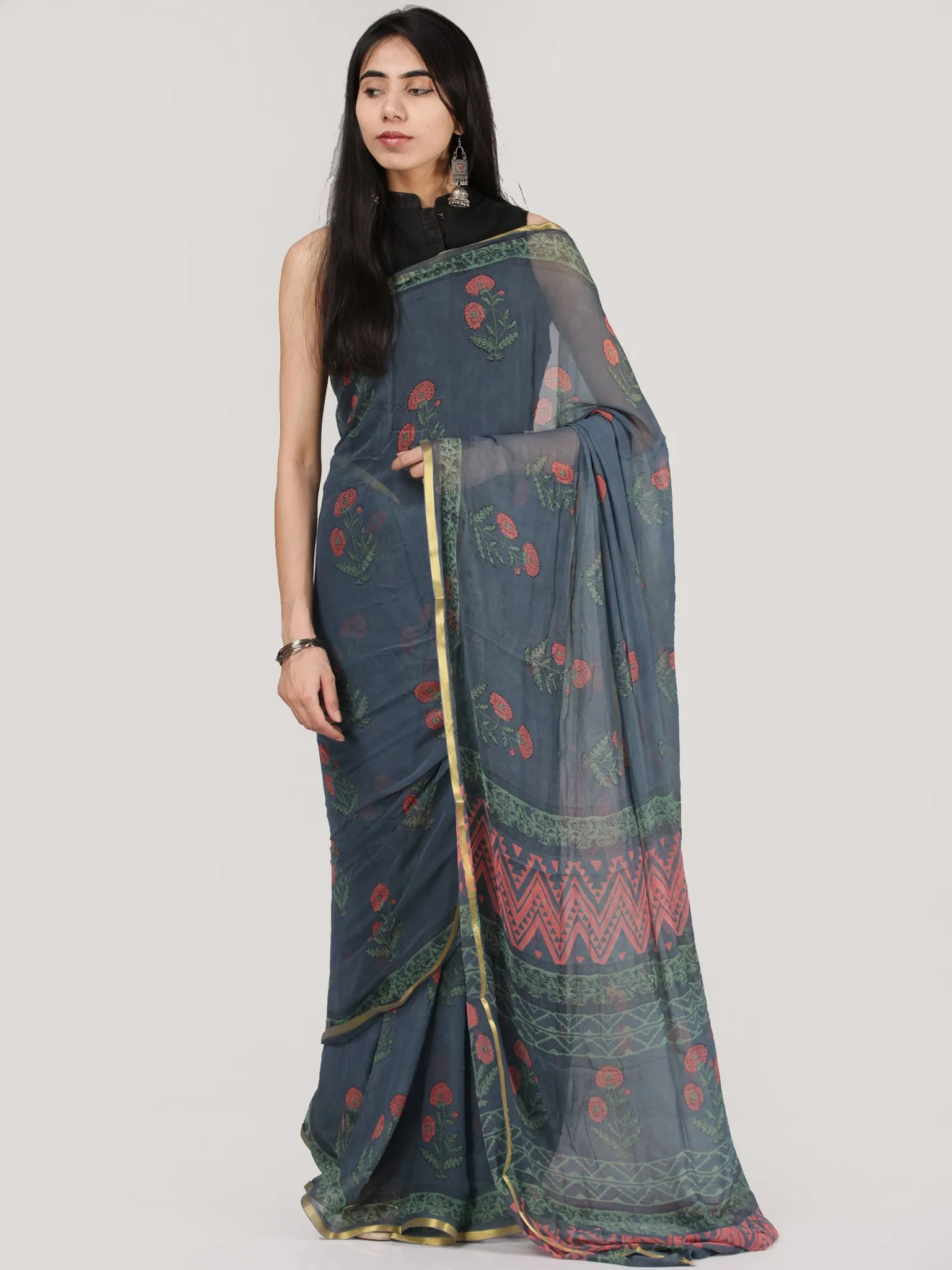 Steel Gery Pink Green Hand Block Printed Chiffon Saree With Zari Border - S031704694