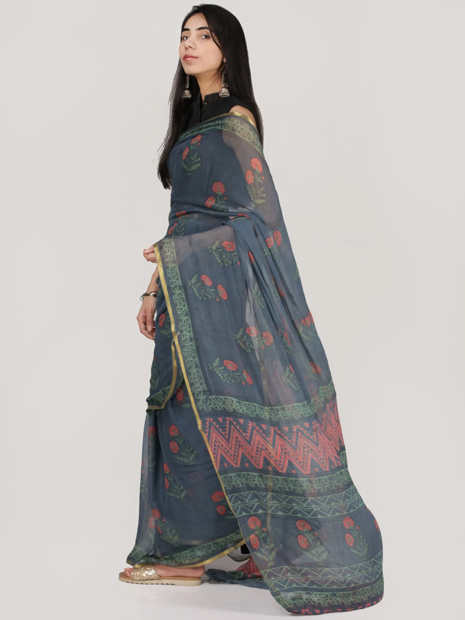 Steel Gery Pink Green Hand Block Printed Chiffon Saree With Zari Border - S031704694