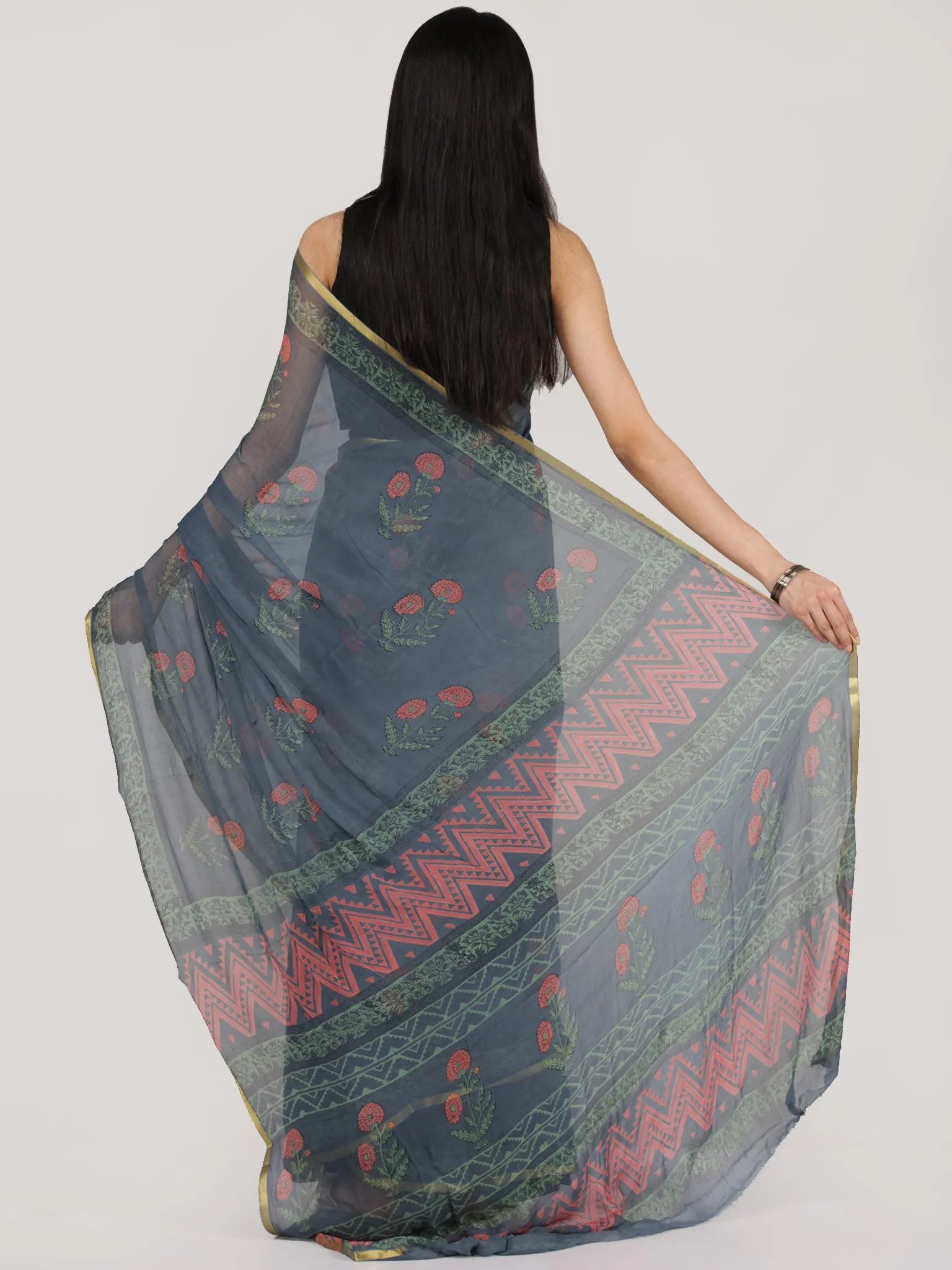 Steel Gery Pink Green Hand Block Printed Chiffon Saree With Zari Border - S031704694