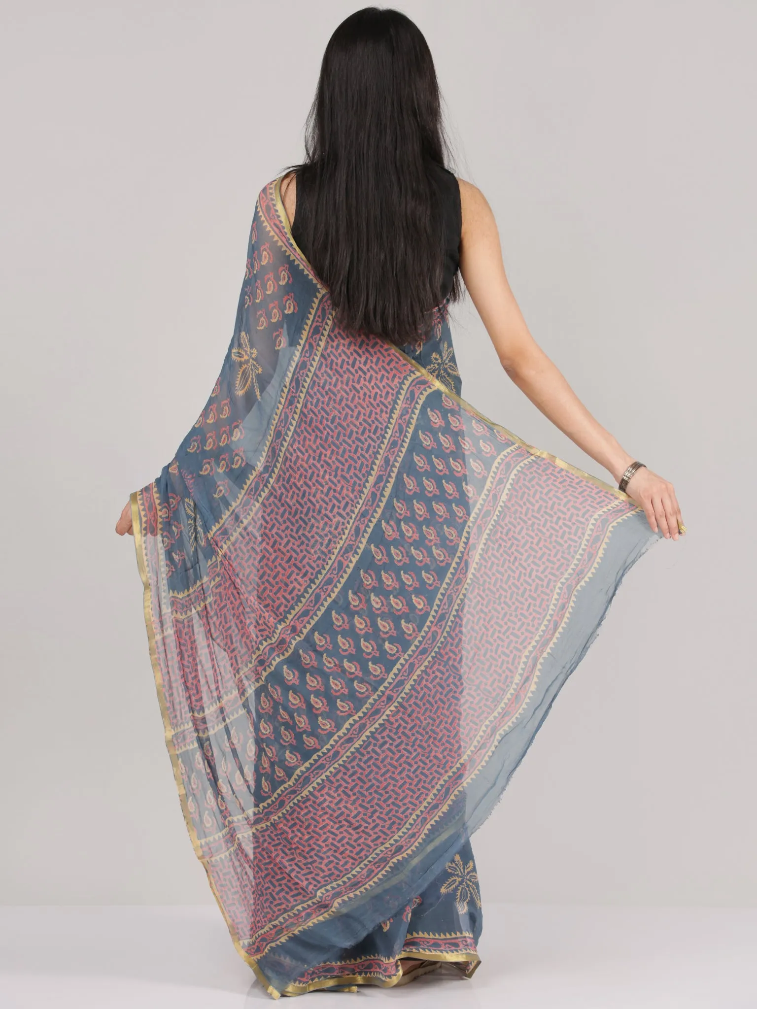 Steel Grey Pink Yellow Hand Block Printed Chiffon Saree With Zari Border - S031704686