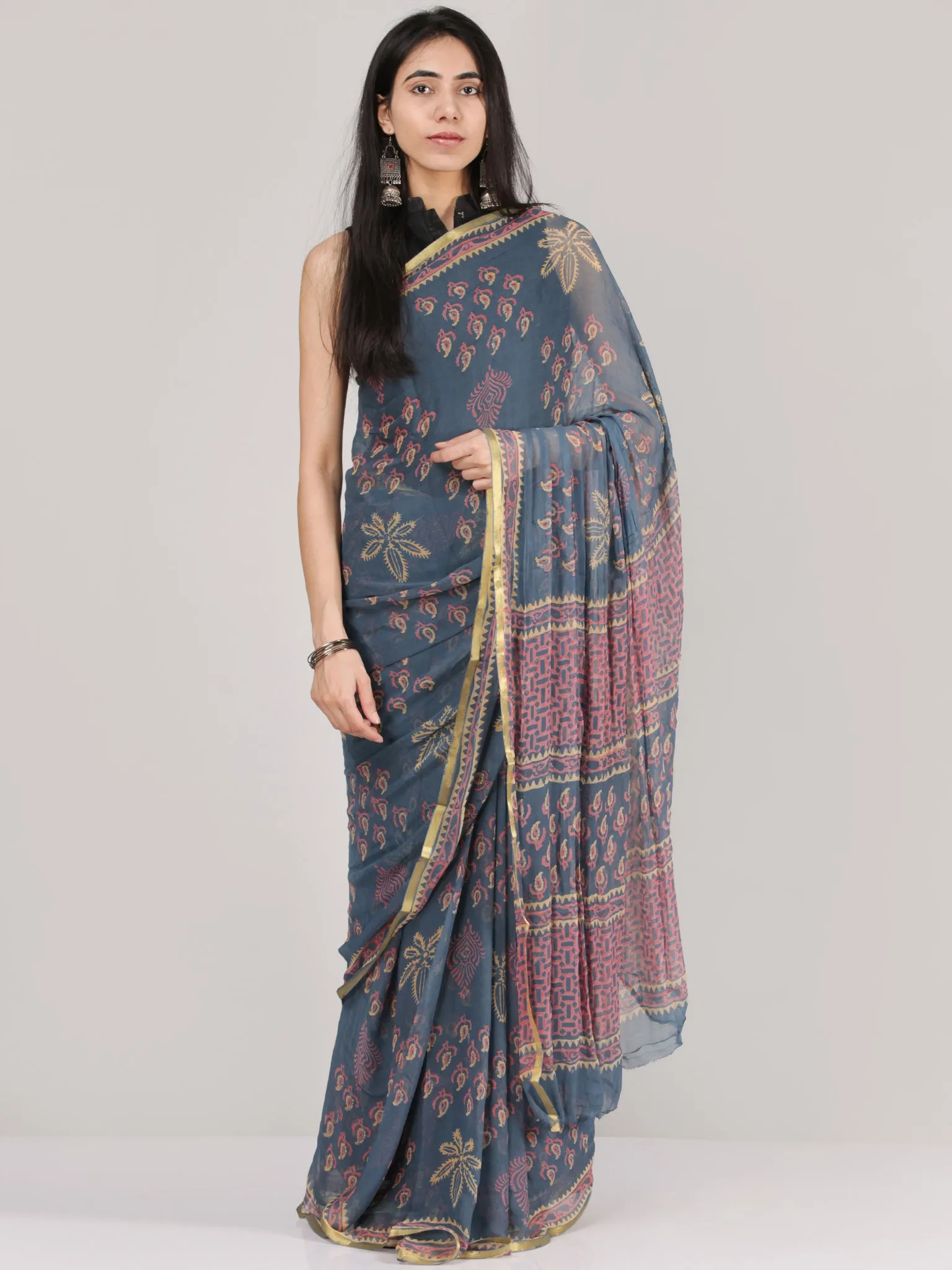 Steel Grey Pink Yellow Hand Block Printed Chiffon Saree With Zari Border - S031704686