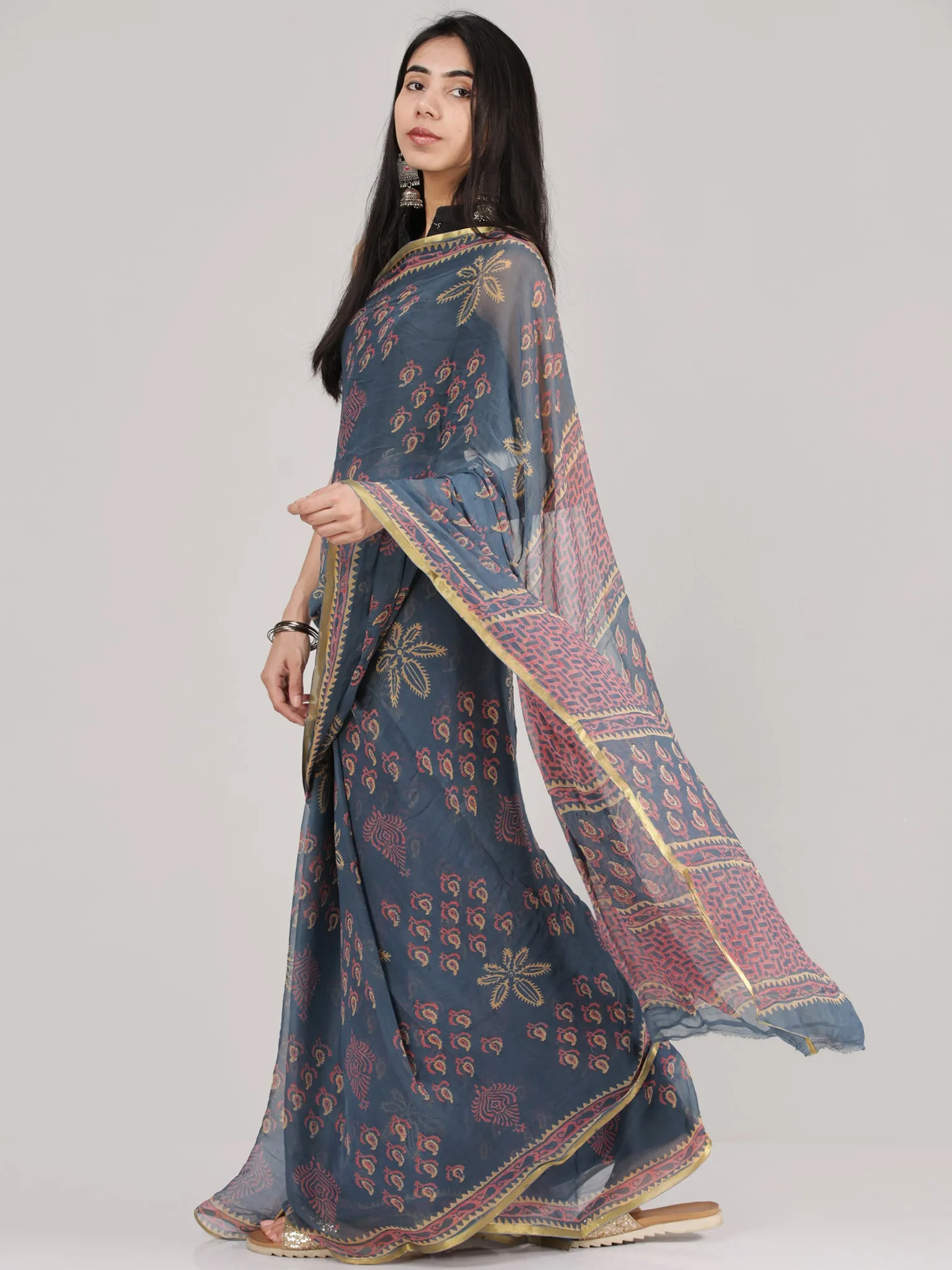 Steel Grey Pink Yellow Hand Block Printed Chiffon Saree With Zari Border - S031704686