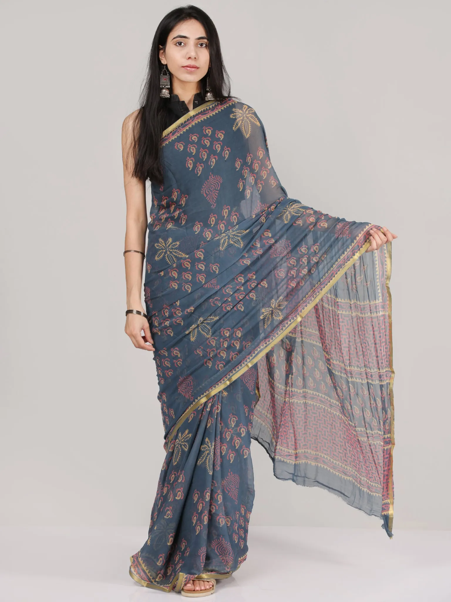 Steel Grey Pink Yellow Hand Block Printed Chiffon Saree With Zari Border - S031704686