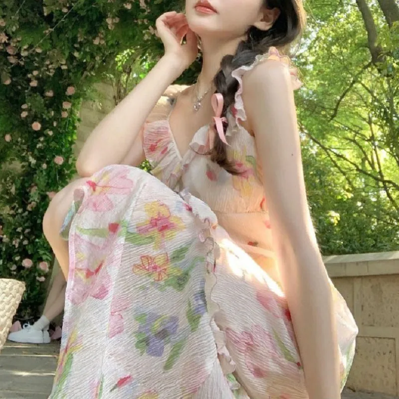 summer new style skirt celebrity printed suspender skirt female vacation high-end wood ear chiffon dress