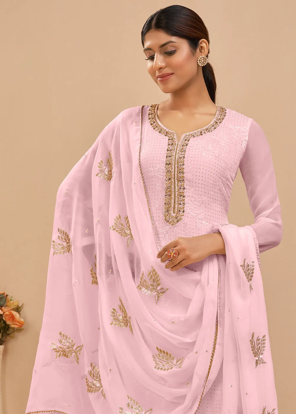 Supreme Pink Sequins & Khatli Work Festive Palazzo Suit