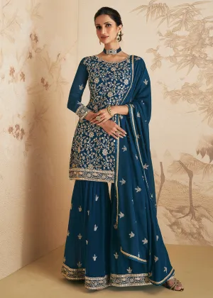 Teal Blue Thread & Sequins Embroidered Designer Gharara Suit