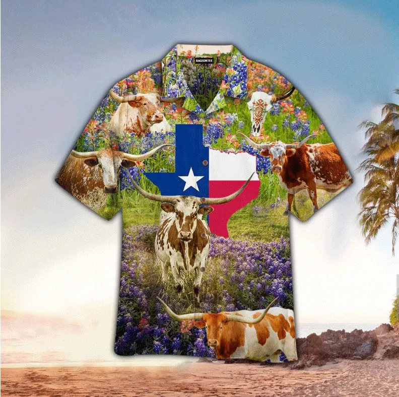 Texas Cow In Bluebonnet Field Hawaiian Shirt, Hawaii Shirt Men, Aloha Shirt