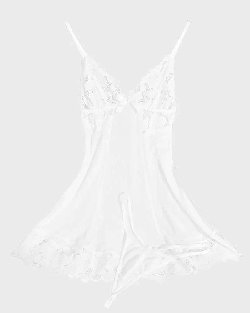 V-Neck Sheer Lace Mesh Nightgown with G-String