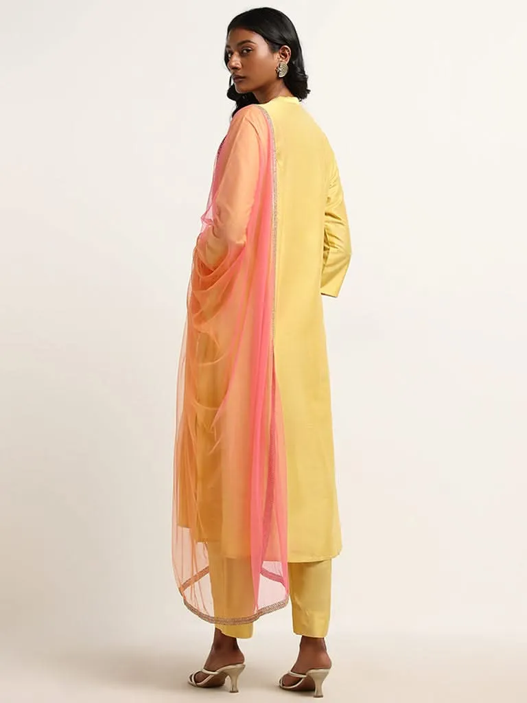 Vark Yellow Embroidered Kurta, Pants and Dupatta Set