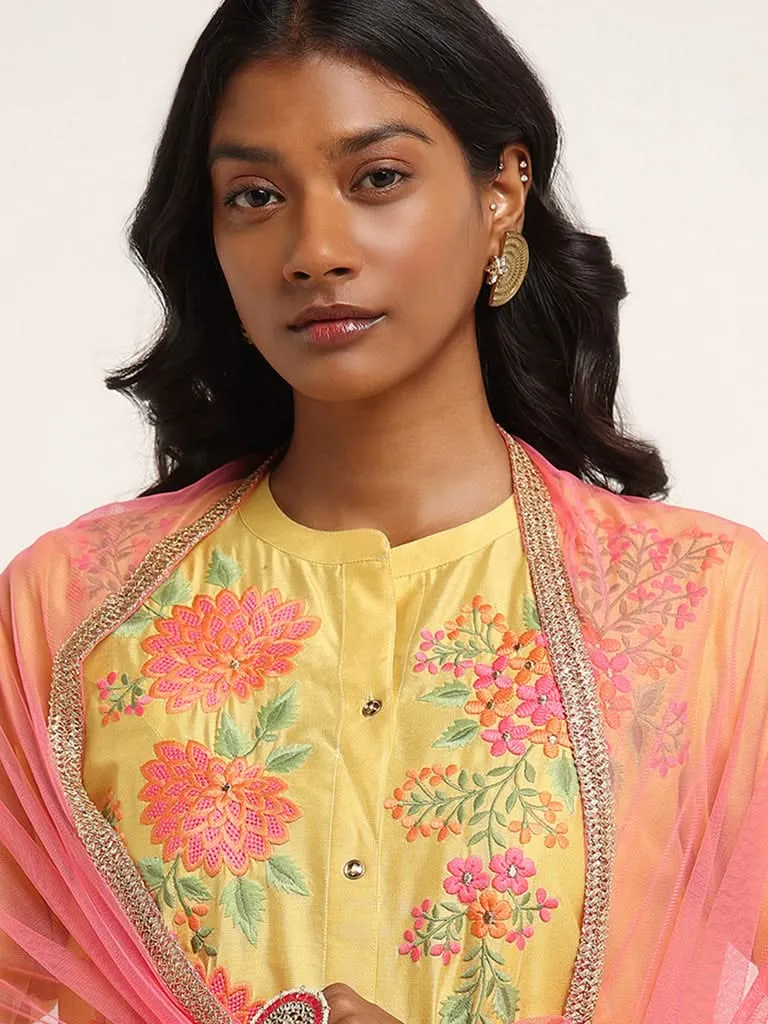 Vark Yellow Embroidered Kurta, Pants and Dupatta Set